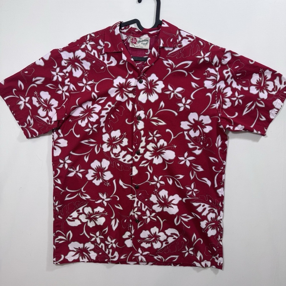 VTG Hilo Hattie Hawaiian Shirt Men M L Red Hibiscus Plumeria Aloha Cruise Shirt